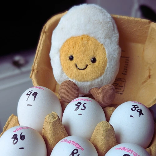 A cute fluffy boiled egg in an egg box with six real eggs. The real eggs have weights written on them in pen.